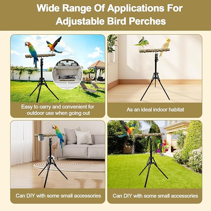 16-63 Inch Height Adjustable Bird Perch Pepper Wood Bird Training Perch Stand Parakeet Perches Indoor and Outdoor Parrot Stands for Small to Medium Bird-PurrikoPets