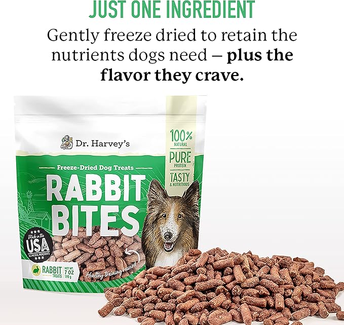 Dr. Harvey's Rabbit Bites Freeze-Dried Raw Dog Treats - Single Ingredient, All-Natural Rabbit Meat Protein for Dogs, Allergen-Free - 7 Ounces (3 Pack)-PurrikoPets