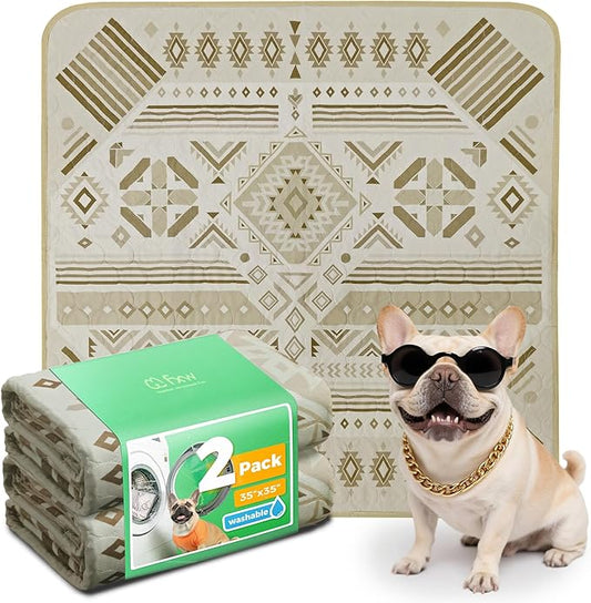 FXW Washable Pee Pads for Dogs, Puppy Pads with Super Absorbent, Specifically Designed for Potty Training, 35" Square, Khaki Geometric, 2 Packs-PurrikoPets