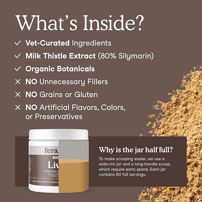 Fera Pets Liver Supplement for Dogs & Cats with Milk Thistle, Choline & Turmeric - Organic Botanicals - Enhances Liver Function, Immunity, Detoxification, & Metabolic Function - Powder - 60 Scoops-PurrikoPets