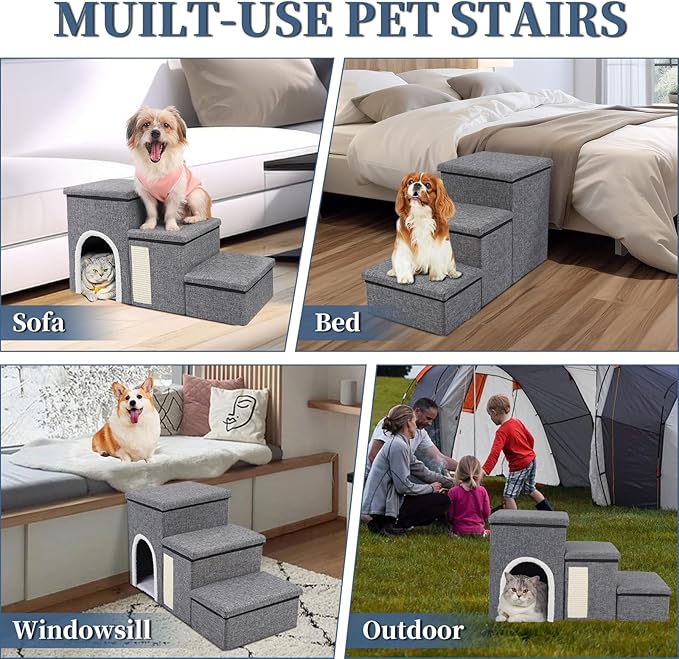 Dog Stairs for High Bed and Couch, 4 IN 1 Foldable Pet Stairs for Cats & Small and Medium Dogs, Adjustable Dog Steps with Pet Climbing Ladders/Cozy Condo/Storage Boxes/Cat Scratcher, Hold Up to 180LBS-PurrikoPets