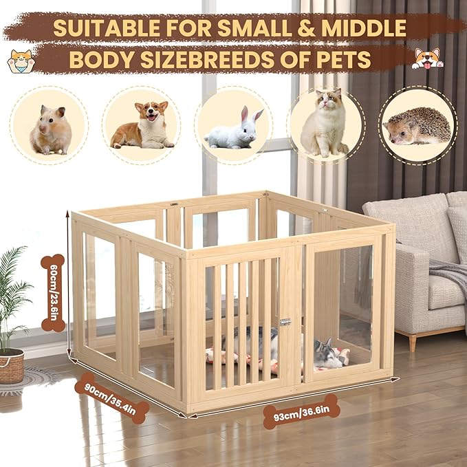 8 Panels Dog Playpen with Door, 23.6" H Pet Playpen Indoor, Clear Acrylic Puppy Playpens, Wooden Puppy Fence with Gate, Transparent Dog Pens, Pet Pen Indoor for Dogs, Cats, Rabbit, Small and Medium-PurrikoPets