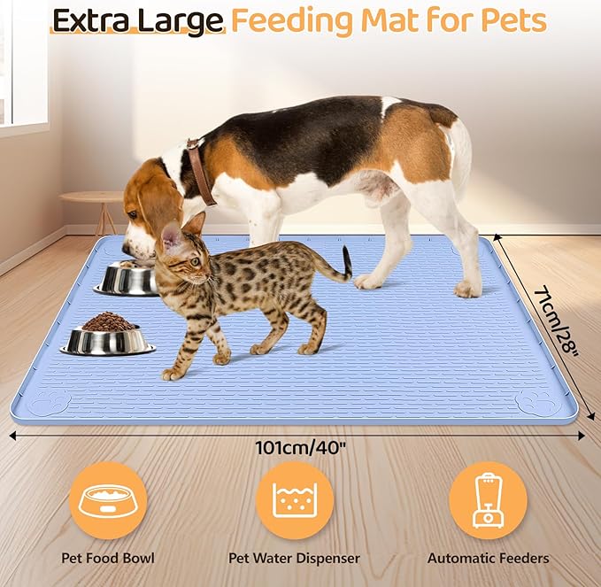 Dog Food Mat, Extra Large 40" x 28" Silicone Pet Feeding Mat with Raised Edge Pet Placemat for Small, Medium, and Large Pets Non-Slip, Easy to Clean (Blue)-PurrikoPets