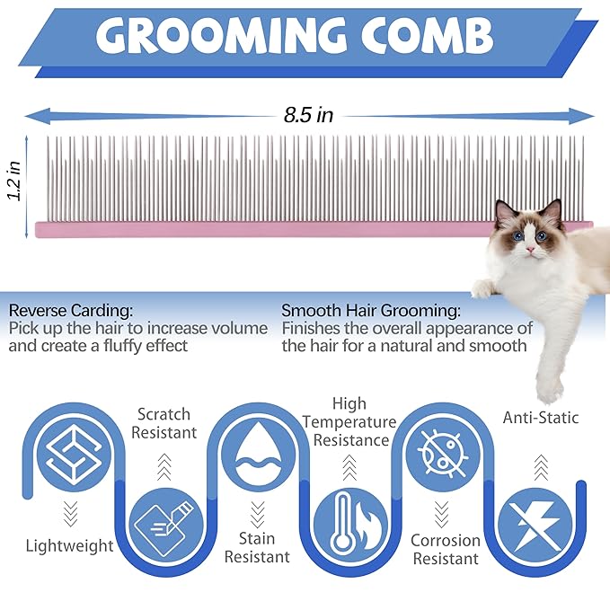 8.5 Inch Upgrade Pink Professional Pet Comb,Dual-Tooth Grooming Comb Anti-Static Smooth Rounded Corners Prevent Friction Breakage and Irritation,Long-Haired Cats and Dog Essential,Christmas Pet Gift-PurrikoPets