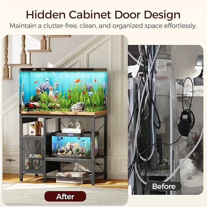 40-50 Gallon Fish Tank Stand, Aquarium Stand with Power Outlet and Storage Cabinet, Heavy Duty Tank Stand Suitable for Turtle Tank, Reptile Terrarium, for Home Office, Black FTBK50E01-PurrikoPets