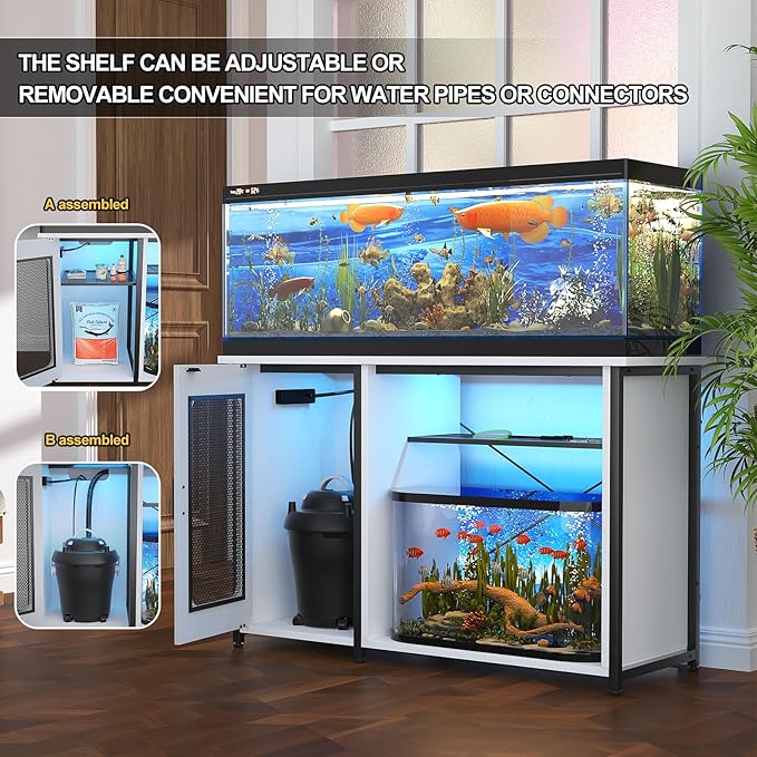 55-75 Gallon Fish Tank Stand with Power Outlets & LED Light, Reversible Heavy Duty Metal Aquarium Stand with Cabinet for Fish Tank Accessories Storage, Turtle/Reptile Terrariums, White-PurrikoPets