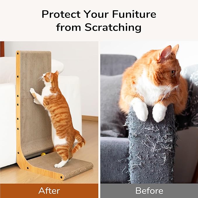FUKUMARU Cat Scratcher, 32.7 Inch L Shape Cat Scratch Pad Wall Mounted, Cat Scratching Cardboard with Ball Toy for Indoor Cats, Extra Large-PurrikoPets