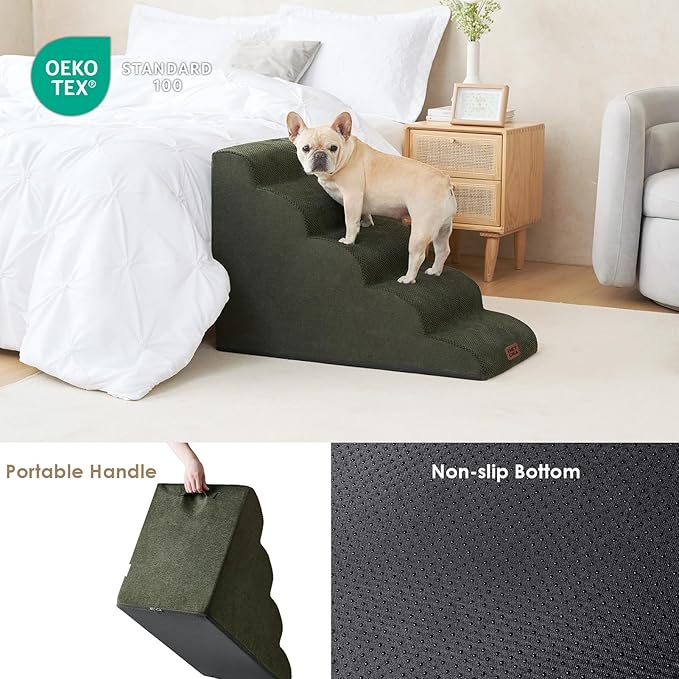 EHEYCIGA Curved Dog Stairs Ramp for High Beds 22.6" H, 5-Step Dog Steps for Small Dogs and Cats, Pet Stairs for High Bed Climbing, Non-Slip Balanced Pet Step Indoor, Olive Green-PurrikoPets