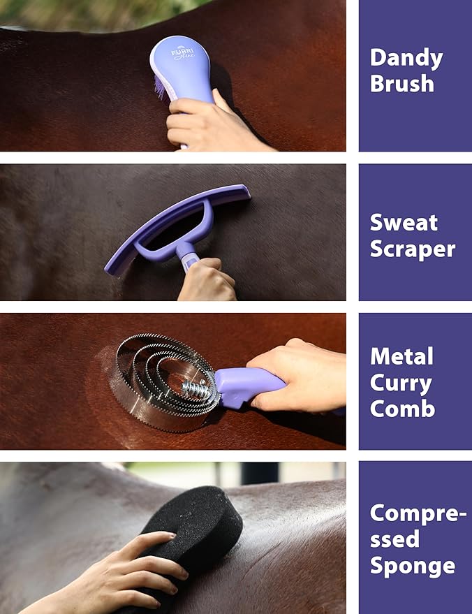 9PCS Horse Grooming Kit Curry Comb Sweat Scraper Horse Bathing Supplies Grooming Tools with Storage Bag Sugar Taro-PurrikoPets