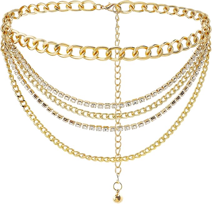 Suyi Multilayer Chain Belt Rhinestone Metal Chain Belts for Women Punk Gold Waist Chain