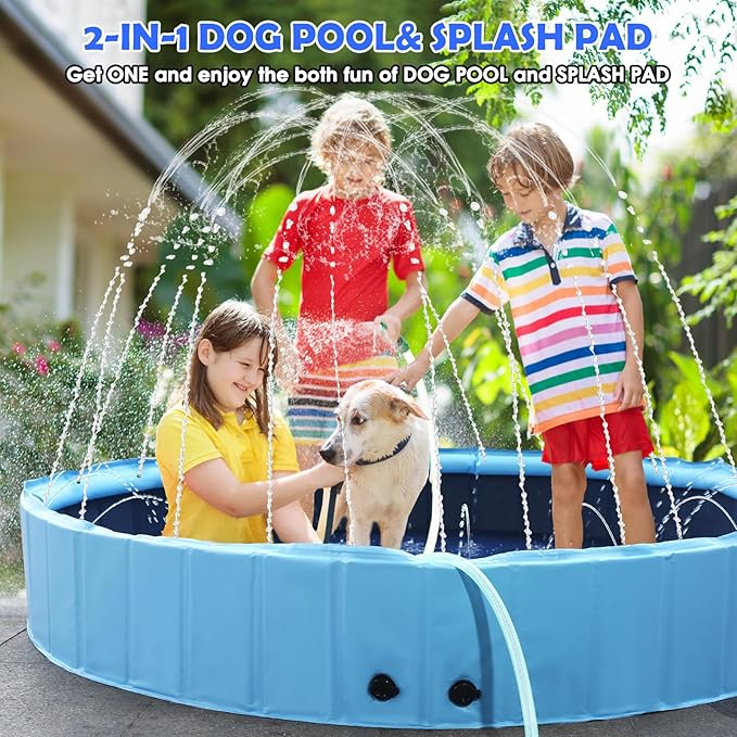 87" Large Dog Pool with Sprinkler, 2-in-1 Foldable Swimming Pool Non-Slip Hard Plastic Splash Sprinkler Kiddie Pool for Outdoor Backyard Kids Dogs Ducks and Pet Baths-PurrikoPets
