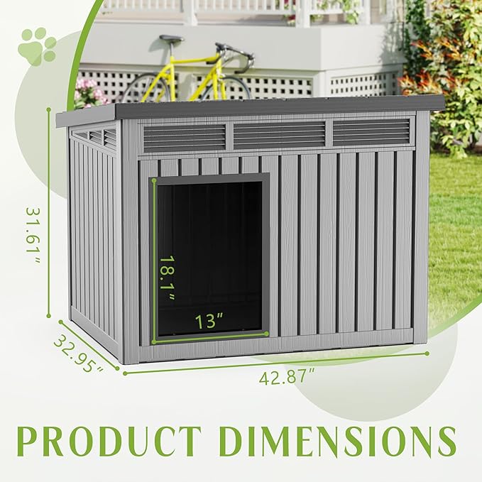 Dog House Indoor Outdoor,Resin Waterproof Puppy Shelter with Air Vents and Elevated Floor,Air Rod on Top to Open,Dog Kennel for Small to Large Dogs(Grey,42.87 * 32.95 * 31.61)-PurrikoPets