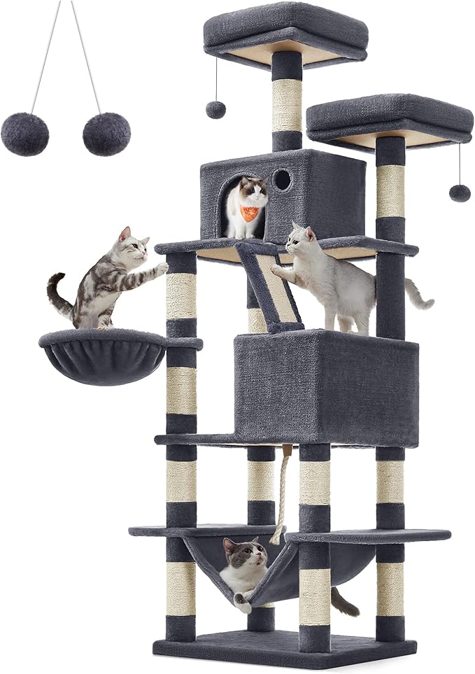 Feandrea Cat Tree, 66.1-Inch Large Cat Tower with 13 Scratching Posts, 2 Perches, 2 Caves, Basket, Hammock, Pompoms, Multi-Level Plush Cat Condo for Indoor Cats, Smoky Gray UPCT165G01-PurrikoPets