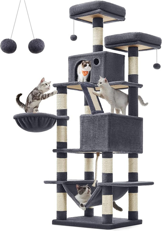 Feandrea Cat Tree, 66.1-Inch Large Cat Tower with 13 Scratching Posts, 2 Perches, 2 Caves, Basket, Hammock, Pompoms, Multi-Level Plush Cat Condo for Indoor Cats, Smoky Gray UPCT165G01-PurrikoPets