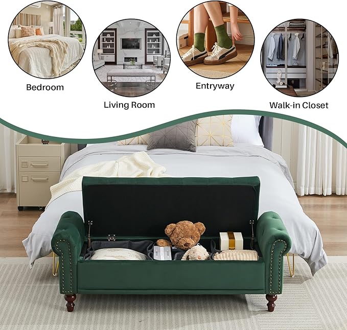 58.1'' Storage Bench Upholstered Velvet End of Bedroom Bed Bench Ottoman with Tufted Cushioned Rolled Arm Large Storage Space for Reading Living Room Entryway,Dark Green-PurrikoPets