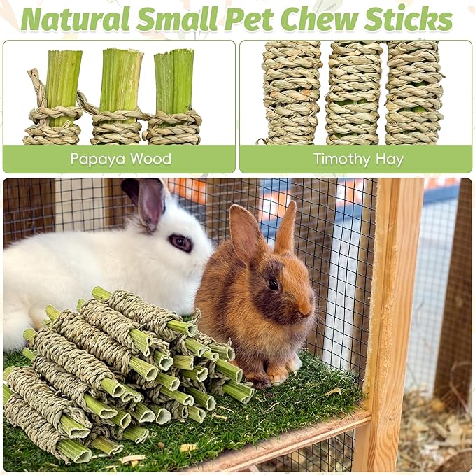 Fhiny 24 PCS Rabbit Chew Sticks, Natural Papaya Wood Seagrass Guinea Pig Chew Toys for Teeth Small Animal Molar Sticks Snacks for Bunny Guinea Pig Chinchilla Ferret Hamster Gerbil Dental Care-PurrikoPets