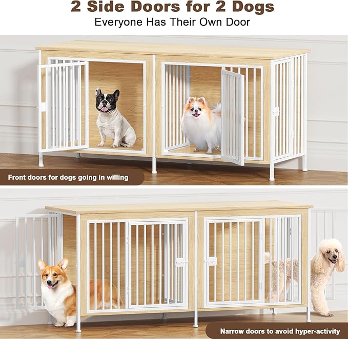 EasyCom 63" Dog Cage Furniture for 2 Pets with Divider, XL Wooden Double Dog Crate Furniture TV Stand for Mideum Breed, Durable and Sturdy-PurrikoPets