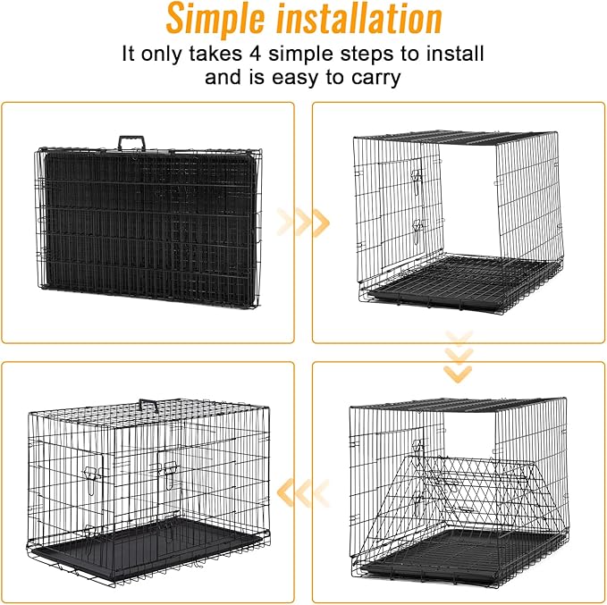 FDW Dog Crate for Medium Dogs 30 Inch Folding Metal WirePet Cage Double Door W/Divider Panel Indoor Outdoor Kennel Leak-Proof Plastic Tray,Black-PurrikoPets