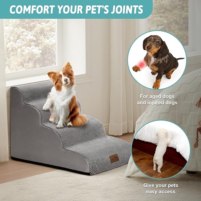 Dog Stairs for Small Dogs 19.7" H, Curved Dog Step for Puppy, Older or Cat, Medium Pet Ramp for Sofa, Couch or Bed, Ladder with High Density Foam, 15.7x28.3x19.7 inch, 4 Step, Grey-PurrikoPets