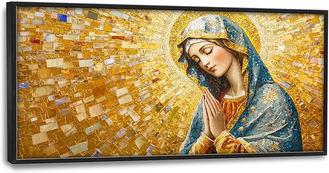 Extra Large Virgin Mary Framed Wall Art for Living Room,Oversized Golden Christian Religious Pictures Wall Decor,Canvas Print Painting Modern Artwork Bedroom Office Bathroom 60L" x 30W"-PurrikoPets