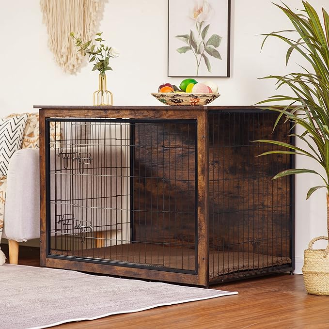 DWANTON Dog Crate Furniture with Cushion, Wooden Kennel Table with Double Doors, Indoor Dog House, Extra Large Size, 43.3" L, Rustic Brown-PurrikoPets