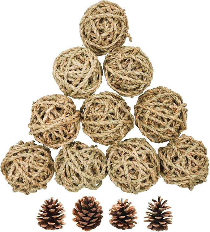 10 Pcs Small Animals Play Balls Rolling Activity Chew Toys Gnawing Treats for Rabbits Guinea Pigs Chinchilla Bunny Natural Balls, Pet Cage Entertainment Accessories(10Pcs)-PurrikoPets