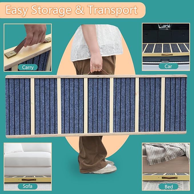 Dog Ramp for Bed, Upgraded 46.8" Long Portable Dog Ramp for Couch, Wood Folding Pet Ramp for All Breeds Large Old Dogs to Get on Bed, 5 Adjustable Heights 14.8" to 26.2" (Wood, Up to 150lbs)-PurrikoPets