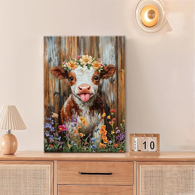 Funny Cow Bathroom Pictures Wall Art, Rustic Brown Cute Cow Bathroom Wall Decor, Farmhouse Floral Framed Painting Animal Flower Canvas Artwork for Bedroom Living Room Decorations 24"L x 16"W-PurrikoPets