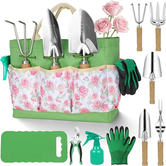 Garden Tool Set,10 Piece Garden Kit,Heavy Duty Stainless Steel Gardening Hand Tools with Durable Storage Tote,Rust-Proof Garden Tools,Gardening Gifts for Women Men Pink Floral Pattern Design-PurrikoPets