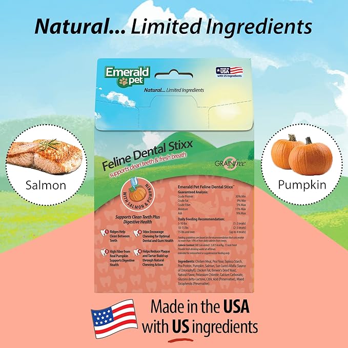 Emerald Pet Feline Dental Stixx — Tasty and Crunchy Cat Dental Sticks with Pumpkin for Digestive Health — Natural Grain Free Dental Treats for Clean Cat Teeth and Fresh Breath — Salmon Stixx, 3.6 oz-PurrikoPets