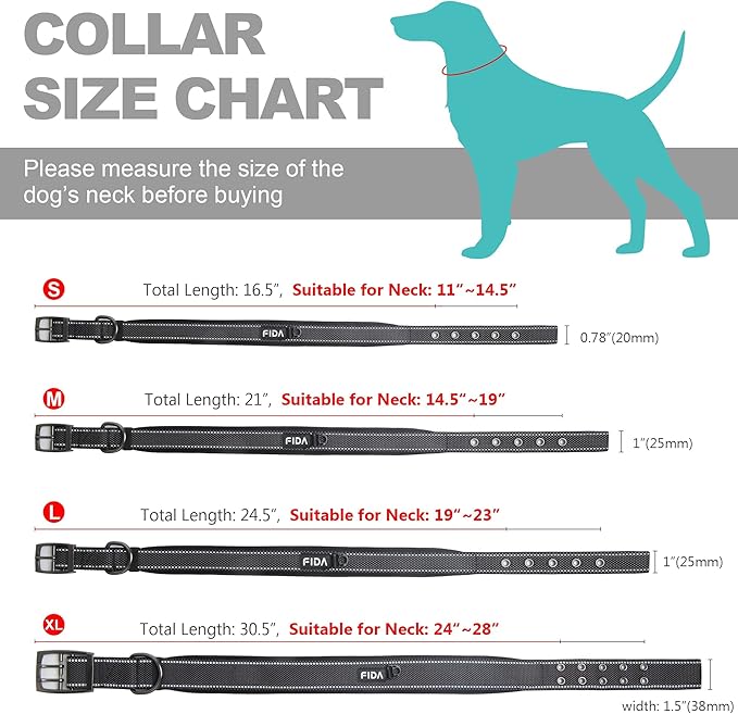 Fida Heavy Duty Dog Collar, Ultra Comfortable Soft Neoprene Padded, Adjustable Reflective Nylon Pet Collar with Durable Metal Belt Buckle for Medium Breeds (M, Black)-PurrikoPets