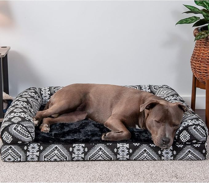 Furhaven Orthopedic Dog Bed for Large/Medium Dogs w/ Removable Bolsters & Washable Cover, For Dogs Up to 55 lbs - Plush & Southwest Kilim Woven Decor Sofa - Black Medallion, Large-PurrikoPets