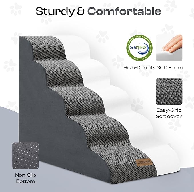 Dog Stairs for High Beds Up to 30", Extra-Tall 24.5" 5-Step Foam Pet Ramp with Washable Cover, Gentle Slope Steps, Bed & Couch Ladder for Small Medium Dogs & Senior Cat, Puppy Climbing Stairs-PurrikoPets