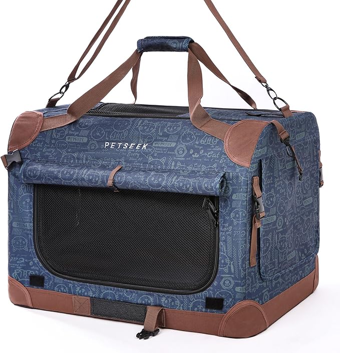 Extra Large Cat Carrier Soft Sided, Portable Small Dog Carrier for 2 Cats, 24"x16.5"x16" Car Travel Folding Comfortable Design, Navy-PurrikoPets