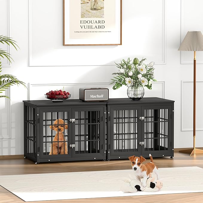 32 Inch Heavy Duty Dog Crate Furniture for Medium and Small Dogs, Decorative Pet House End Table, Wooden Cage Kennel Furniture Indoor, Black-PurrikoPets