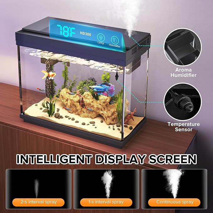 Fish Tank, 2.4 Gallon Fish Aquarium, Fish Tank Starter kit with Smart Humidifier, Temperature Display, 7-Color Lighting, 3 in 1 Quiet Pump with Filteration & Oxygenation & Circulation-PurrikoPets