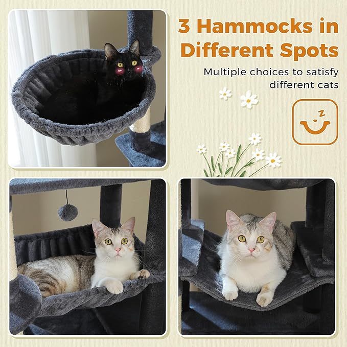 81 Inch Tall Cat Tree for Big Cats & Multi-Cat Homes, Large Heavy Duty Cat Tower with Metal Frame Hammock, 6 Scratching Posts, 2 Condos, 2 Perches, Scratching Pad - Dark Grey-PurrikoPets
