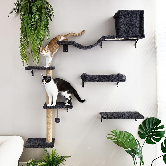 FUKUMARU Cat Wall Shelves, Stable & Safe 4 in 1 Cat Furniture Set, Wooden Climbing Wall with Scratching Post for 16 Inch Drywall - Gray-PurrikoPets