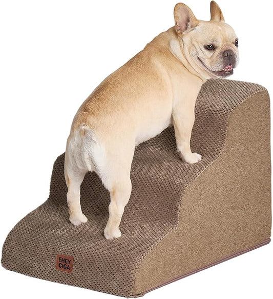 EHEYCIGA Curved Dog Stairs Ramp for Small Dogs 15.7" H, 3-Step Dog Steps for Couch Sofa and Chair, Pet Stairs for Cats, Non-Slip Balanced Pet Steps Indoor, Camel-PurrikoPets