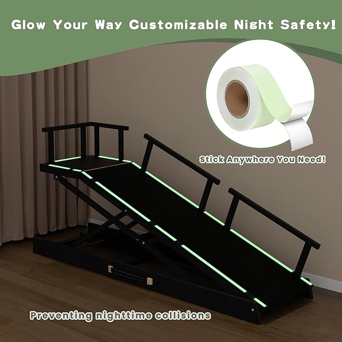 6 Level Height Adjustable Dog Ramp for Bed, Couch 65" Foldable Pet Ramp with Non-Slip Mat，DIY Glow Strips & Rest Platform Heavy Duty Dog Stairs for Large Dogs up to 200Lbs ，Black-PurrikoPets