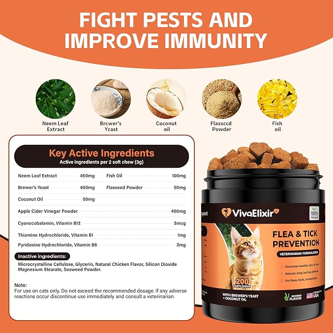 Flea & Tick Treatment for Cats – Natural Flea, Tick & Mosquito Prevention with Brewer’s Yeast, Coconut Oil – Skin & Coat Health, Immune Support – Vet Formulated 200 Chews-PurrikoPets