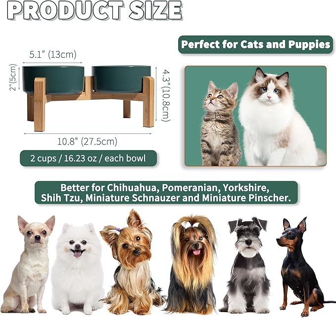 Elevated Ceramic Dog Bowl Set - Raised Feeding Bowls with Non-Slip Bamboo Stand - Small Pet Dishes for Food and Water - Ideal for Cats and Puppies - 16.23 OZ - 2 Cups - 480 ML-PurrikoPets