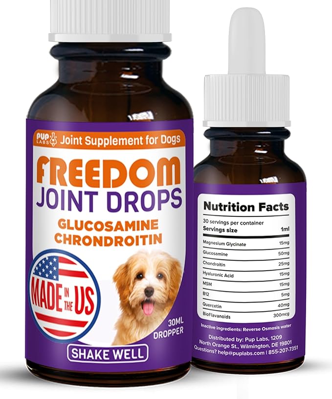 Freedom Joint Drops for Dogs with Hyaluronic Acid, MSM, Glucosamine, & Chondroitin, All Natural Liquid Joint Supplement for Dogs for Pain Relief, Mobility and Hip Support, 30 ml Dropper-PurrikoPets