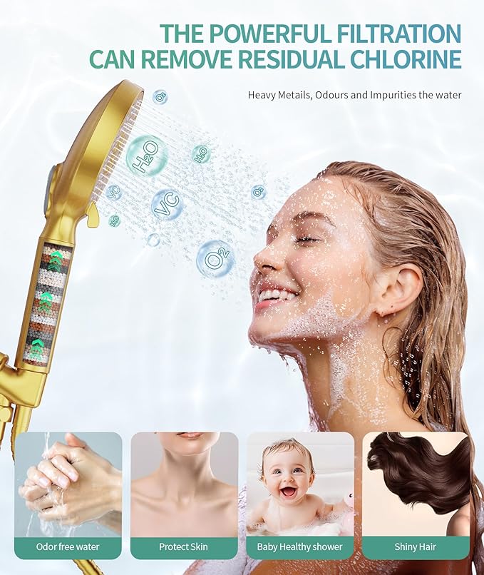 Filtered Shower Head with Handheld, High Pressure 9 Spray Mode Brushed Gold Showerhead with 4 Filters, Detachable Shower Head, Water Softener Filters Beads for Hard Water - Remove Chlorine-PurrikoPets