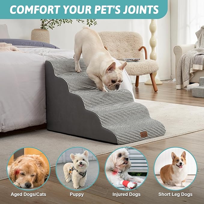 Extra Wide Dog Stairs 19.7" Width, Large Pet Step for Small Medium Dog, Puppy or Cat, Ramp for High Bed or Car, High Density Foam Ladder, Stable, 5 Step, 19.7x33x22.4 inch, White Black-PurrikoPets