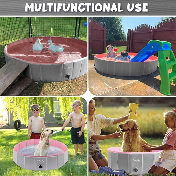 Furrybaby Dog Pool, Kiddie Pool with Hard Plate Collapsible Pet Bath Foldable Swimming Pet Pool Portable Pink 39''-PurrikoPets