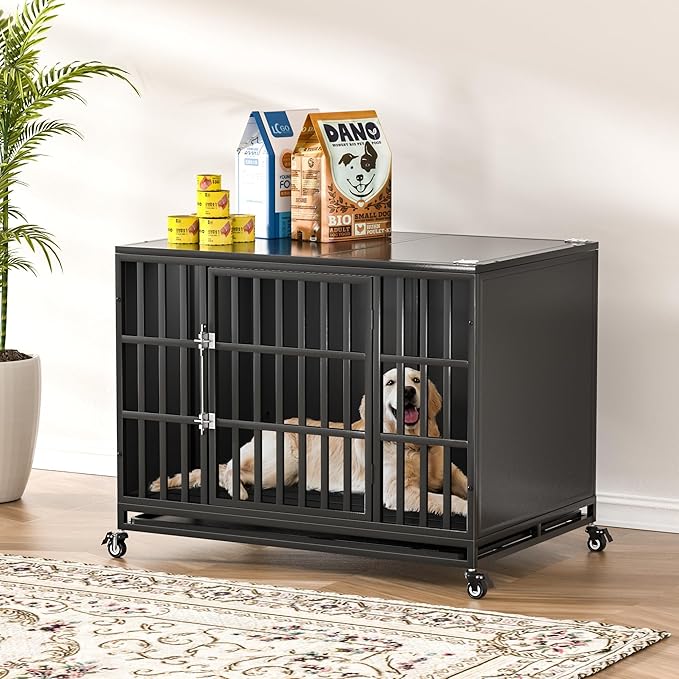 42 inch Heavy Duty Dog Crate with Self-Locking Latch, Indestructible Steel Large Kennel with Enclosed Design, Chew-Proof and Escape-Proof Pet Cage for High Anxiety Dogs-PurrikoPets