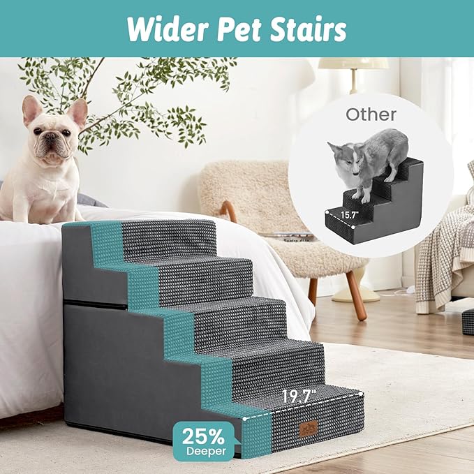 Dog Stairs for Small Dogs, 5 Tier Removable Wider Pet Stairs for Couch and Bed, 23.6" H Non-Slip Dog Steps for Puppies and Old Cats with Support Board, 29.5x19.7x23.6 inch, Dark Grey-PurrikoPets