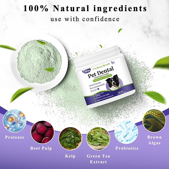 Dog Teeth Cleaning Powder, Pet Dental Powder -Dental Care, Dogs Breath Freshener with Probiotics for Tartar & Reduces Plaque & Bad Breath Teeth Cleaning for Small, Medium, Large Dogs 100g-PurrikoPets