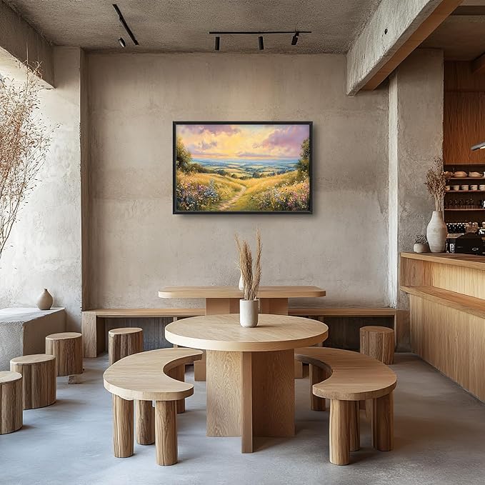 Framed Large Rustic Wall Art for Living Room, Oversized Farmhouse Countryside Nature Landscape Wall Decor Wildflower Field Canvas Painting Floral Pictures Modern Artwork for Bedroom Office 36"x24"-PurrikoPets